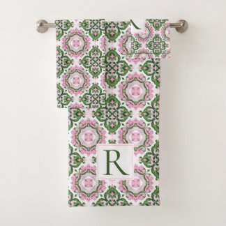 Abstract mediterraan groen roze patroon bad handdoek