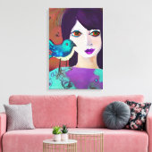 Abstract Meisje en Vogel Paarse en Blauwgroen Canvas Afdruk (Insitu (Woonkamer))