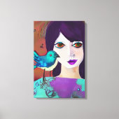 Abstract Meisje en Vogel Paarse en Blauwgroen Canvas Afdruk (Voorkant)