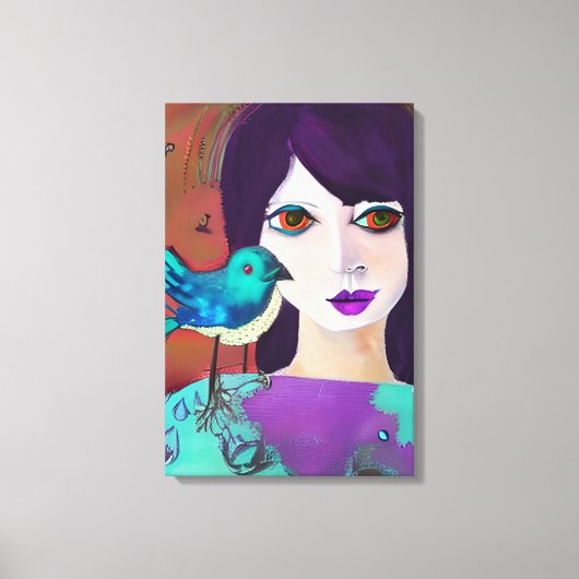 Abstract Meisje en Vogel Paarse en Blauwgroen Canvas Afdruk (Voorkant)