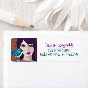 Abstract Meisje en Vogel Paarse en Blauwgroen Etiket