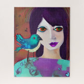 Abstract Meisje en Vogel Paarse en Blauwgroen Legpuzzel (Verticaal)