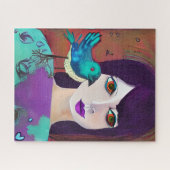 Abstract Meisje en Vogel Paarse en Blauwgroen Legpuzzel (Horizontaal)