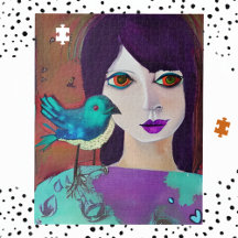 Abstract Meisje en Vogel Paarse en Blauwgroen