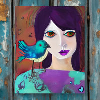 Abstract Meisje en Vogel Paarse en Blauwgroen