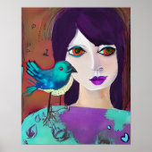 Abstract Meisje en Vogel Paarse en Blauwgroen Poster (Voorkant)