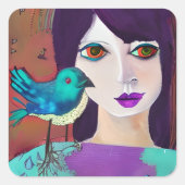 Abstract Meisje en Vogel Paarse en Blauwgroen Vierkante Sticker (Voorkant)