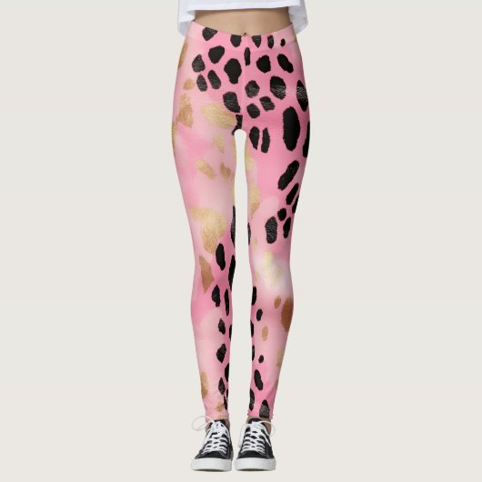 Abstract Meisje Glam Roze Goud Zwart Luipaard Prin Leggings (Voorkant)