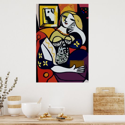 Abstract meisje op mobiele telefoon poster (Keuken)