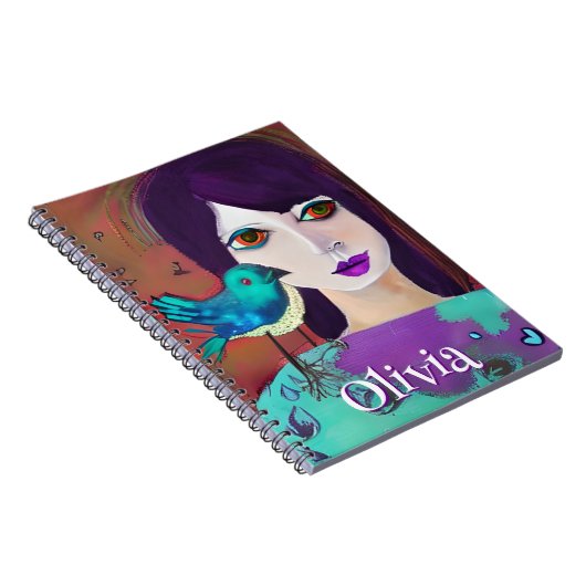 Abstract Meisje & Vogel Paarse en Blauwgroen Geper Notitieboek (Rechterzijde)
