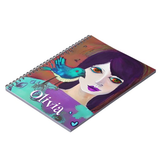 Abstract Meisje & Vogel Paarse en Blauwgroen Geper Notitieboek (Linkerzijde)
