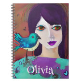 Abstract Meisje & Vogel Paarse en Blauwgroen Geper Notitieboek (Voorkant)