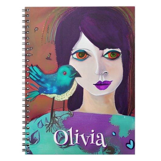 Abstract Meisje & Vogel Paarse en Blauwgroen Geper Notitieboek (Voorkant)