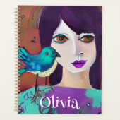Abstract Meisje & Vogel Paarse en Blauwgroen Geper Planner (Voorkant)