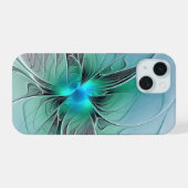 Abstract met blauw, moderne fractale kunst iPhone 15 case (Achterkant horizontaal)