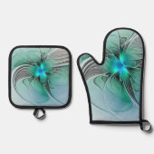 Abstract met blauwe, moderne fractale kunst ovenwant & pannenlap set (Voorkant)