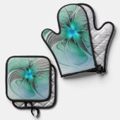 Abstract met blauwe, moderne fractale kunst ovenwant & pannenlap set (Voorkant / Achterkant)