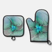 Abstract met blauwe, moderne fractale kunst ovenwant & pannenlap set (Voorkant)