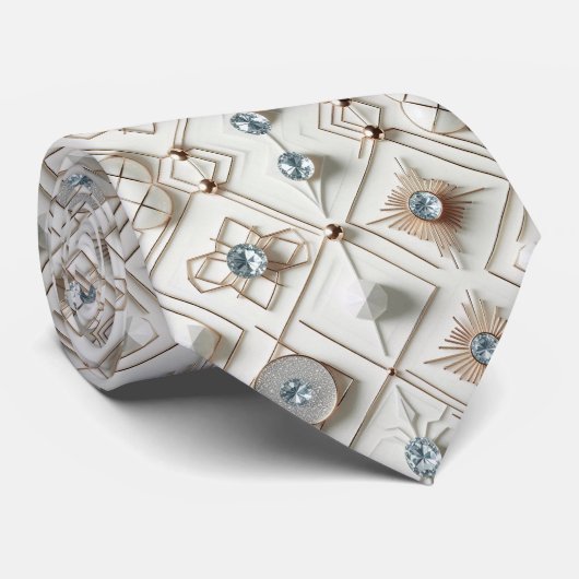 Abstract Mid Century Modern Witte Diamanten Stropdas (Opgerold)