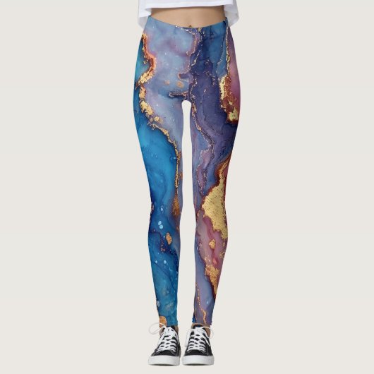 Abstract Modern Blauw Paarse Goud Chic Trendy Leggings (Voorkant)