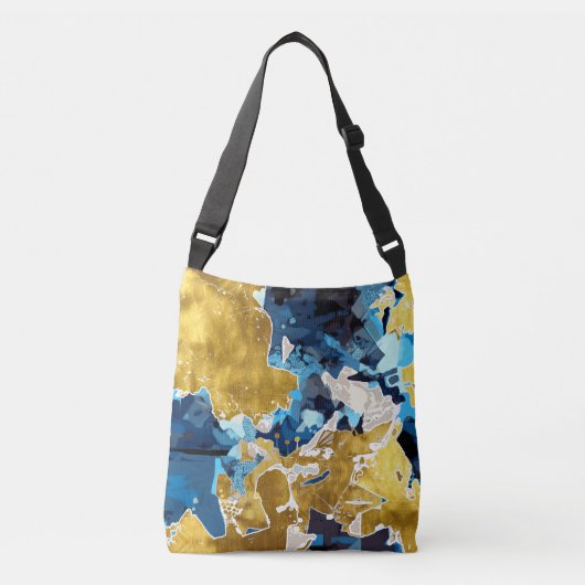 Abstract, modern, collage, goud, blauw van de mari crossbody tas (Voorkant)