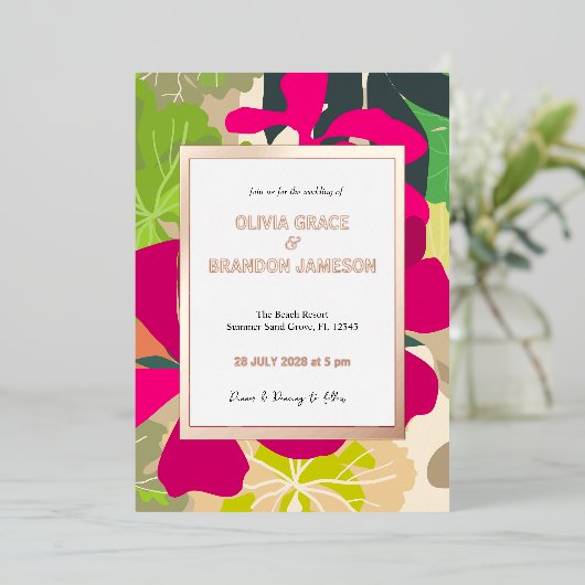 Abstract Modern Heet Roze Bloemen Bruiloft Goud Folie Uitnodiging (Staand Voorkant)