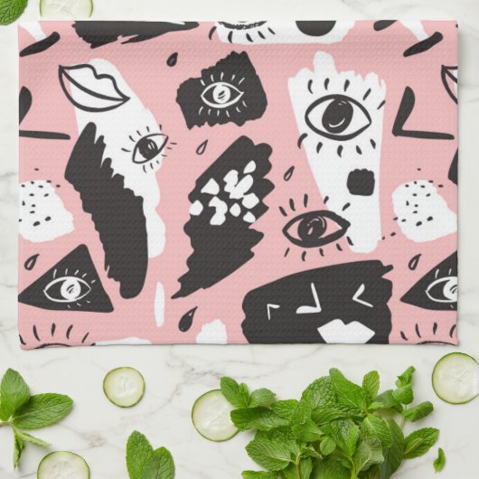 Abstract modern Oogbeeld- en lipenpatroon Theedoek (Gevouwen)