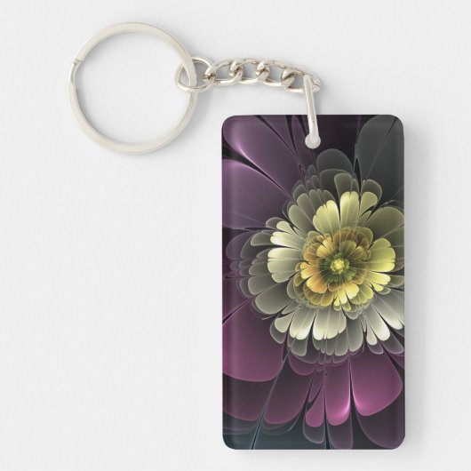 Abstract Modern Purpur Khaki Gray Fractal Flower Sleutelhanger (Voorkant)