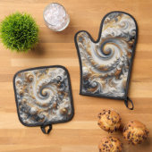 Abstract modern wervelend goud, zwart en wit ovenwant & pannenlap set (Top down)