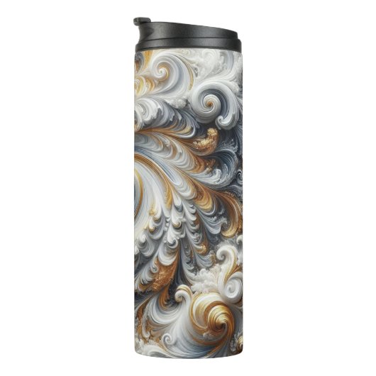 Abstract modern wervelend goud, zwart en wit thermosbeker (Geroteerd rechts)