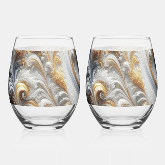 Abstract modern wervelend goud, zwart en wit wijnglas zonder voet (Voorkant)