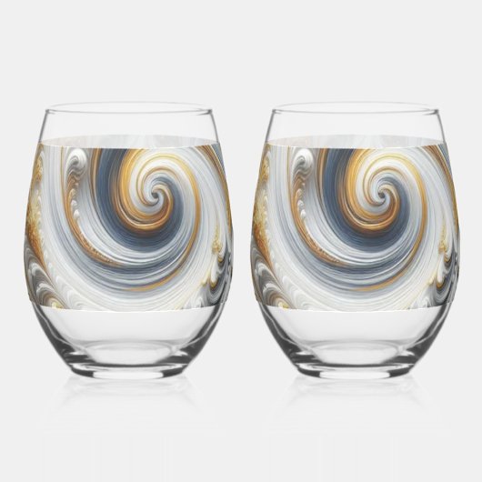 Abstract modern wervelend goud, zwart en wit wijnglas zonder voet (Links)