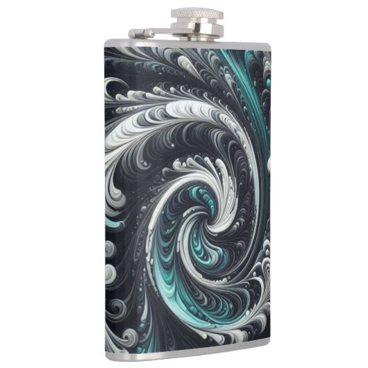 Abstract Modern Wervelend Groen, Zilver en Zwart Heupfles (Rechts)