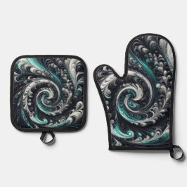 Abstract Modern Wervelend Groen, Zilver en Zwart Ovenwant & Pannenlap Set