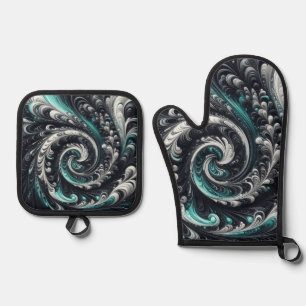 Abstract Modern Wervelend Groen, Zilver en Zwart Ovenwant & Pannenlap Set