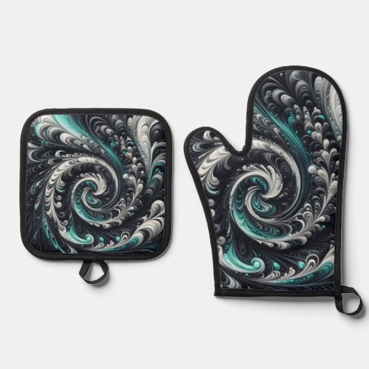 Abstract Modern Wervelend Groen, Zilver en Zwart Ovenwant & Pannenlap Set (Voorkant)