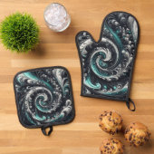 Abstract Modern Wervelend Groen, Zilver en Zwart Ovenwant & Pannenlap Set (Top down)