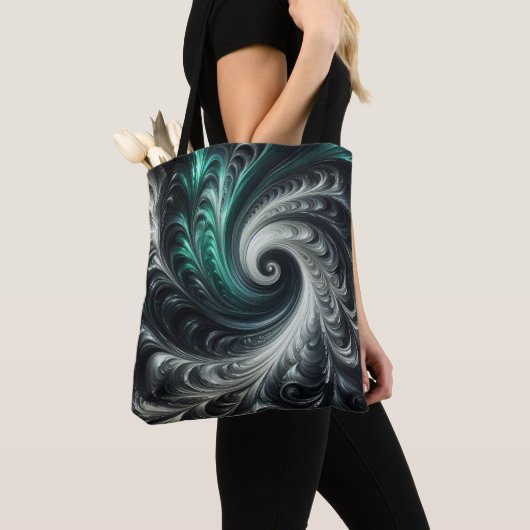 Abstract Modern Wervelend Groen, Zilver en Zwart Tote Bag (Dichtbij)