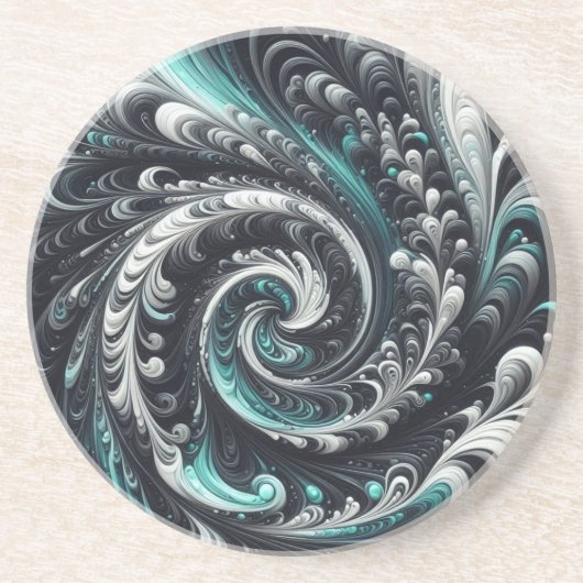 Abstract Modern Wervelend Groen, Zilver en Zwart Zandsteen Onderzetter (Voorkant)