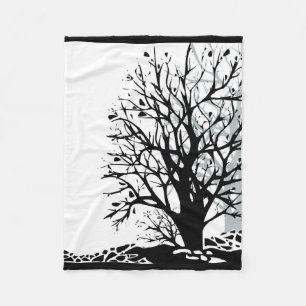 Abstract modern zwart boomsilhouet wit fleece deken