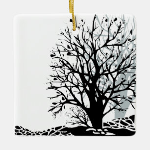 Abstract modern zwart boomsilhouet wit keramisch ornament