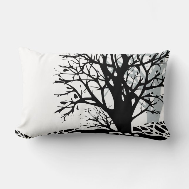 Abstract modern zwart boomsilhouet wit kussen (Voorkant)