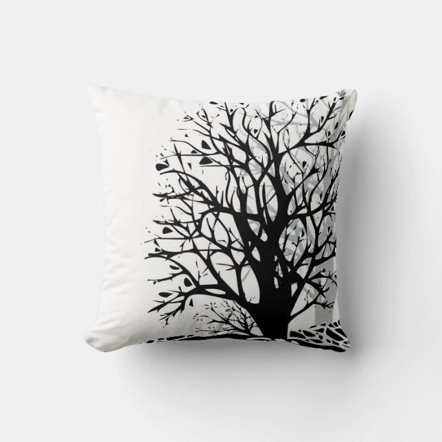 Abstract modern zwart boomsilhouet wit kussen (Voorkant)