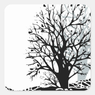 Abstract modern zwart boomsilhouet wit vierkante sticker