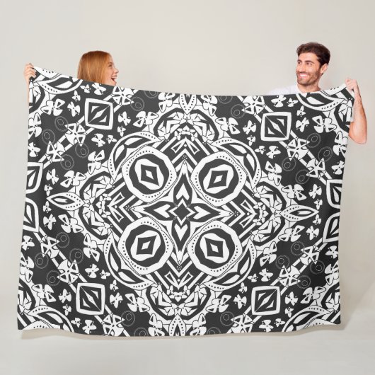 Abstract modern zwart ornament decor mozaïek fleece deken (In situ)
