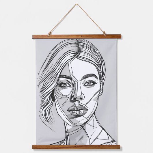 Abstract monochroom lijnkunstportret hangend wandkleed (Voorkant)