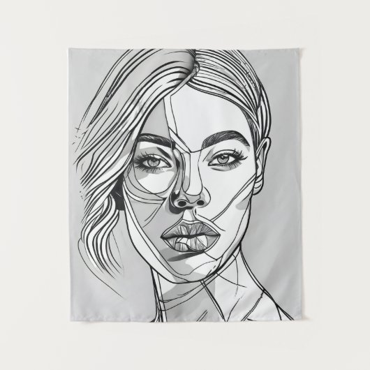 Abstract monochroom lijnkunstportret wandkleed (Voorkant)