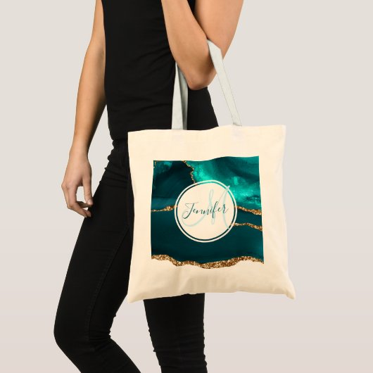 Abstract monogram Blauwgroen en Gold Agate Tote Bag (Voorkant (product))