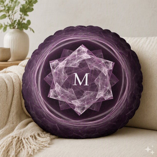 Abstract Monogram Donker Paarse Ster Fractal  Rond Kussen (Creator heeft geüpload)