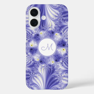 Abstract monogram Elegant Silky Blue Fractal iPhone 16 Hoesje